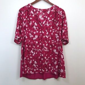 Lane Bryant Pink Floral Ruched Sleeve Blouse 14/16